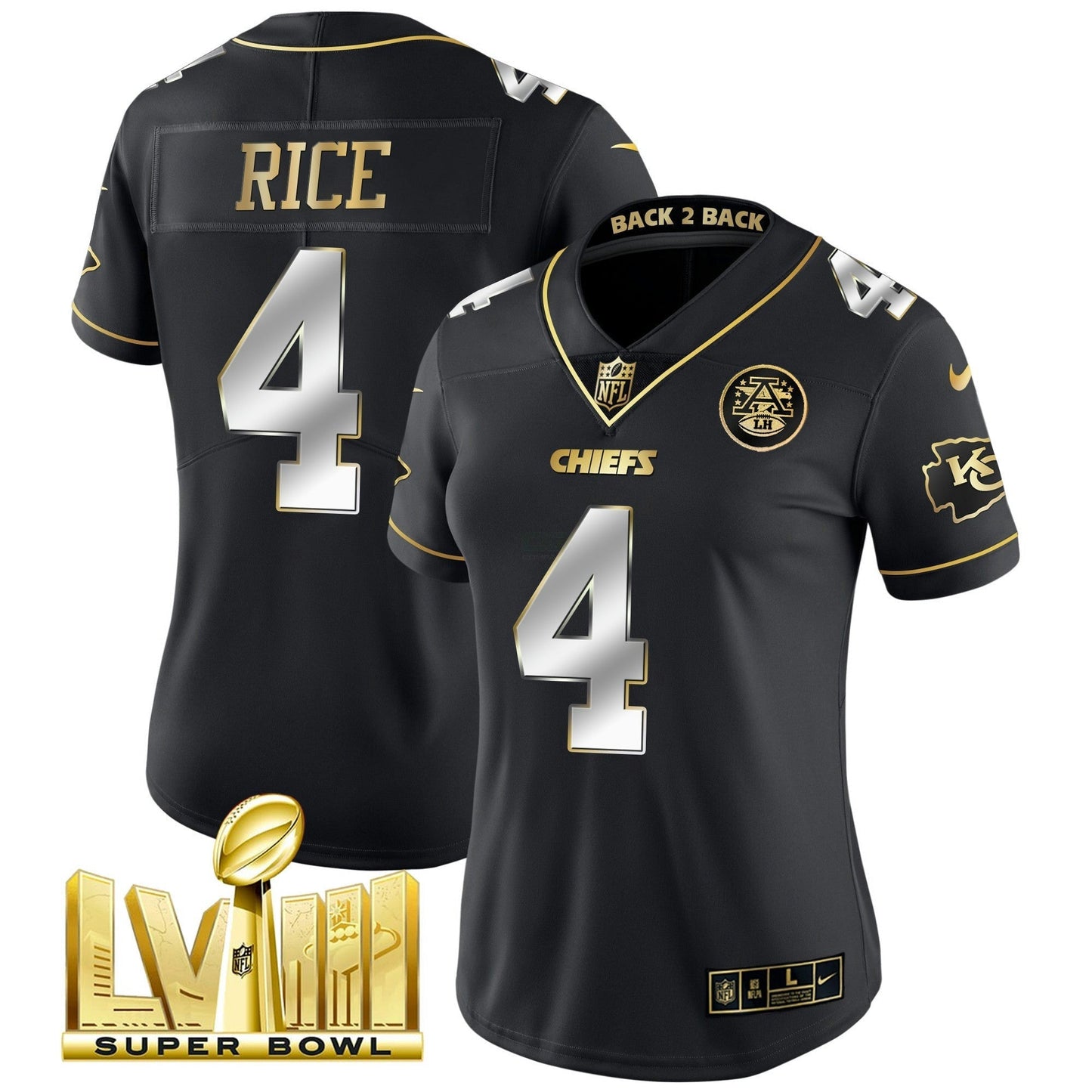 Camisa NFL Women’s Super Bowl LVIII & Back 2 Back Patch Vapor Jersey V5