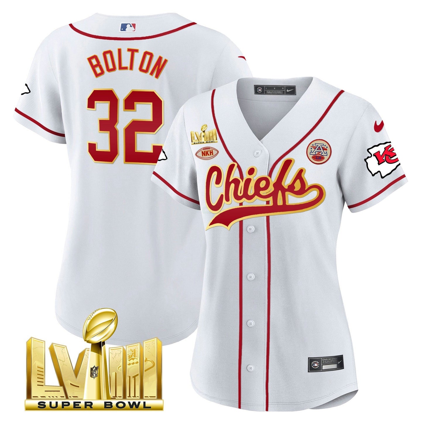 Camisa NFL Kansas City Chiefs Women’s Super Bowl LVIII Dourada Patch Jersey