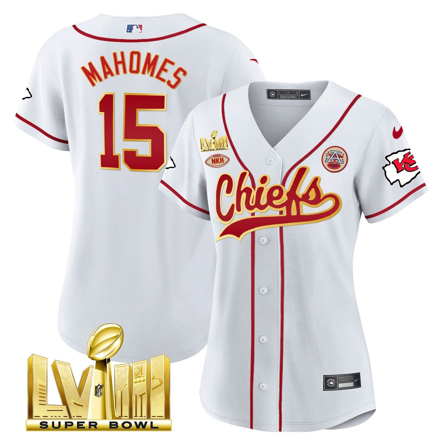 Camisa NFL Kansas City Chiefs Women’s Super Bowl LVIII Dourada Patch Jersey
