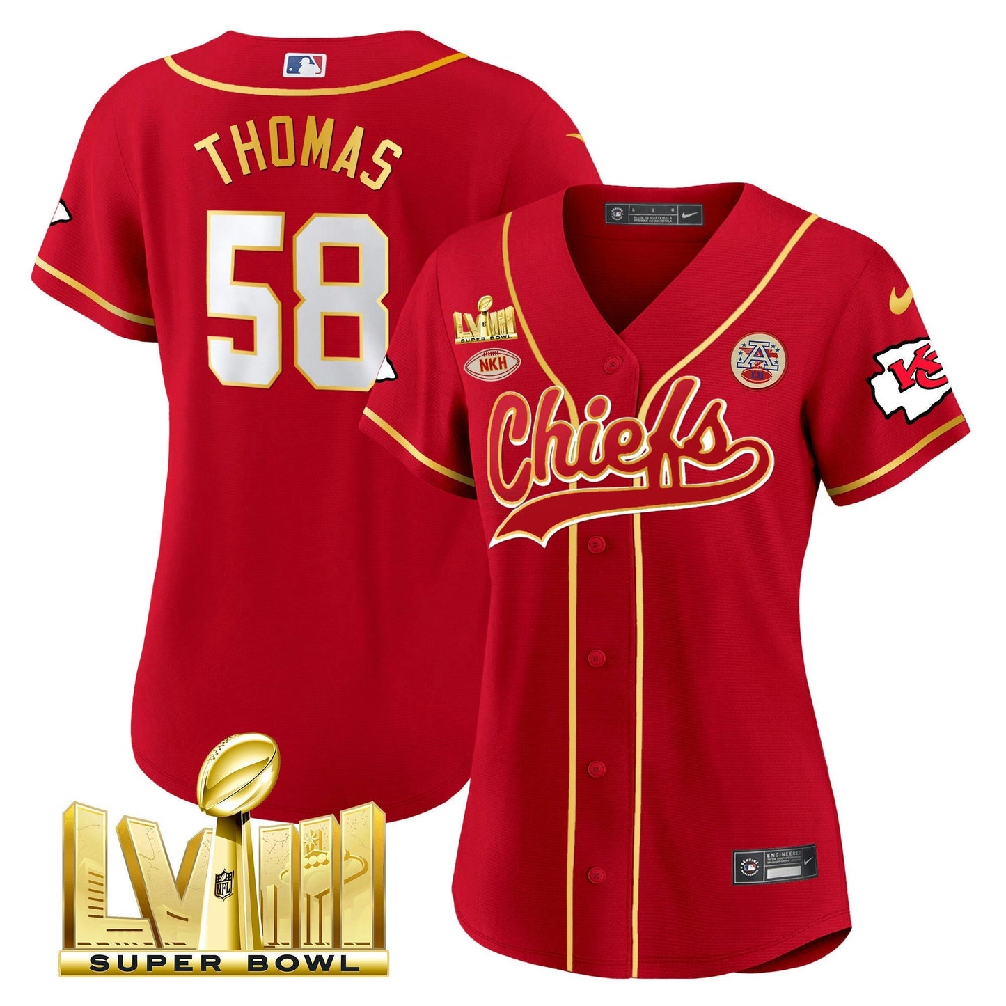 Camisa NFL Kansas City Chiefs Women’s Super Bowl LVIII Dourada Patch Jersey