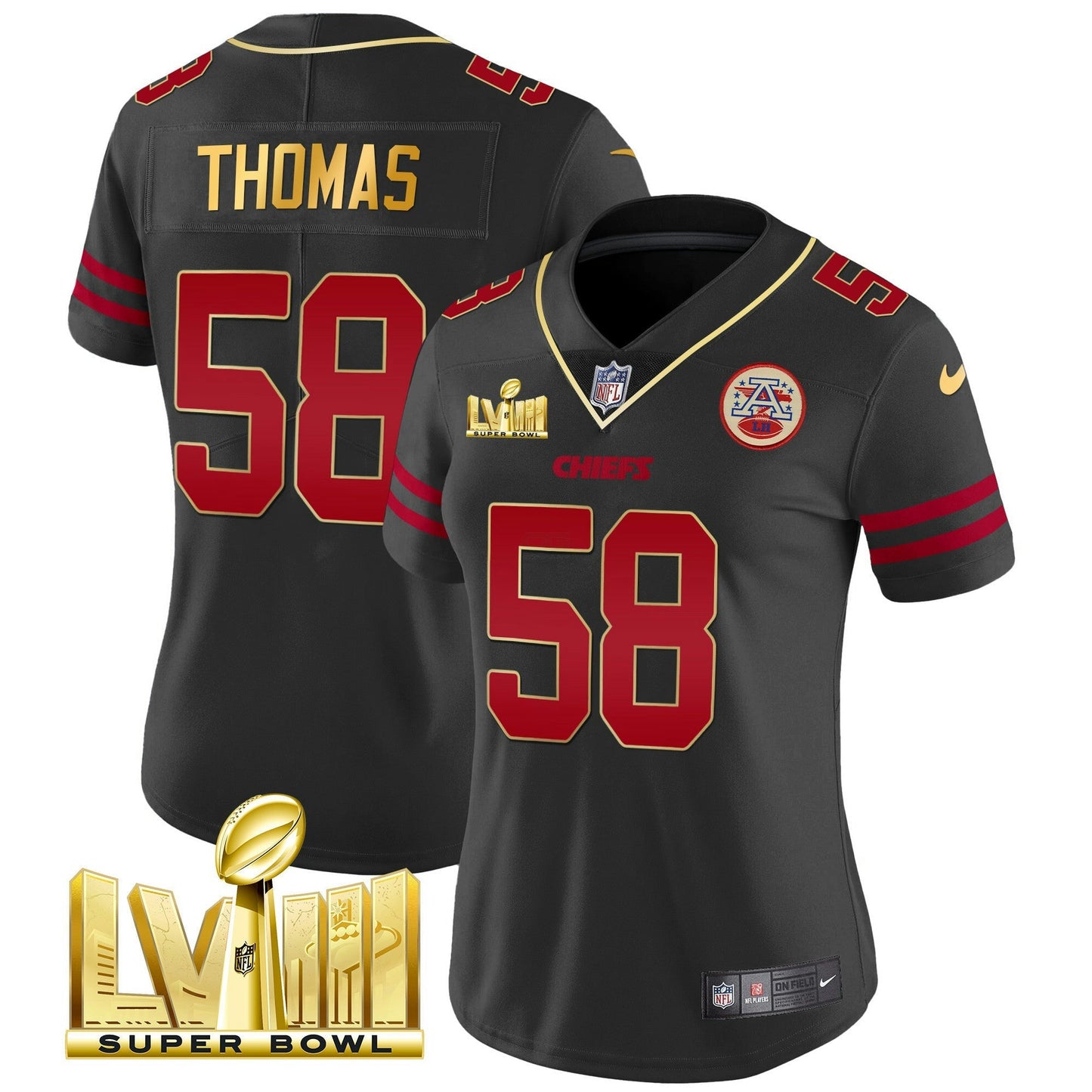 Camisa NFL Kansas City Chiefs Women’s Super Bowl LVIII Dourada Patch Vapor Jersey