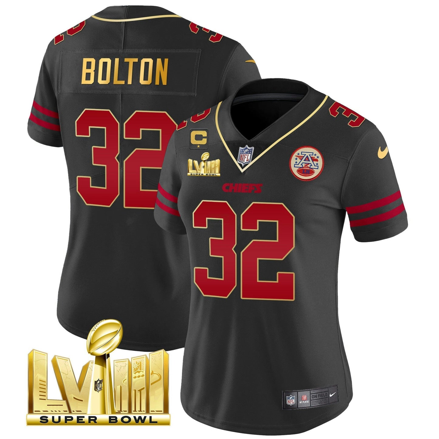 Camisa NFL Kansas City Chiefs Women’s Super Bowl LVIII Dourada Patch Vapor Jersey