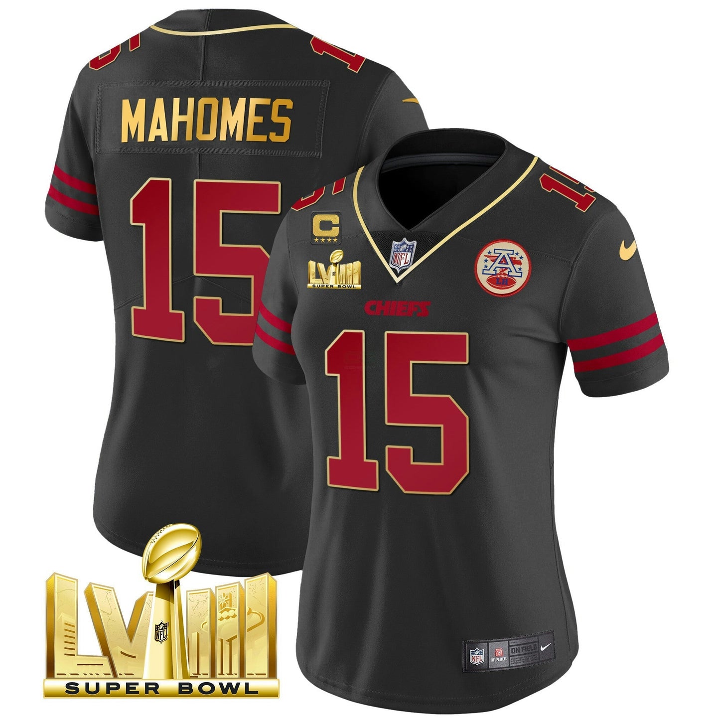 Camisa NFL Kansas City Chiefs Women’s Super Bowl LVIII Dourada Patch Vapor Jersey