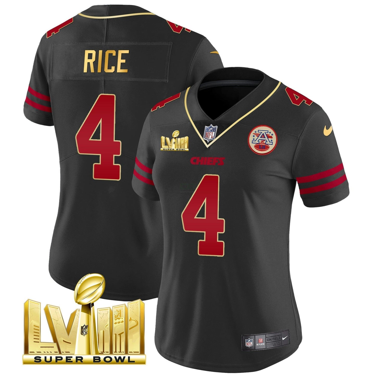Camisa NFL Kansas City Chiefs Women’s Super Bowl LVIII Dourada Patch Vapor Jersey