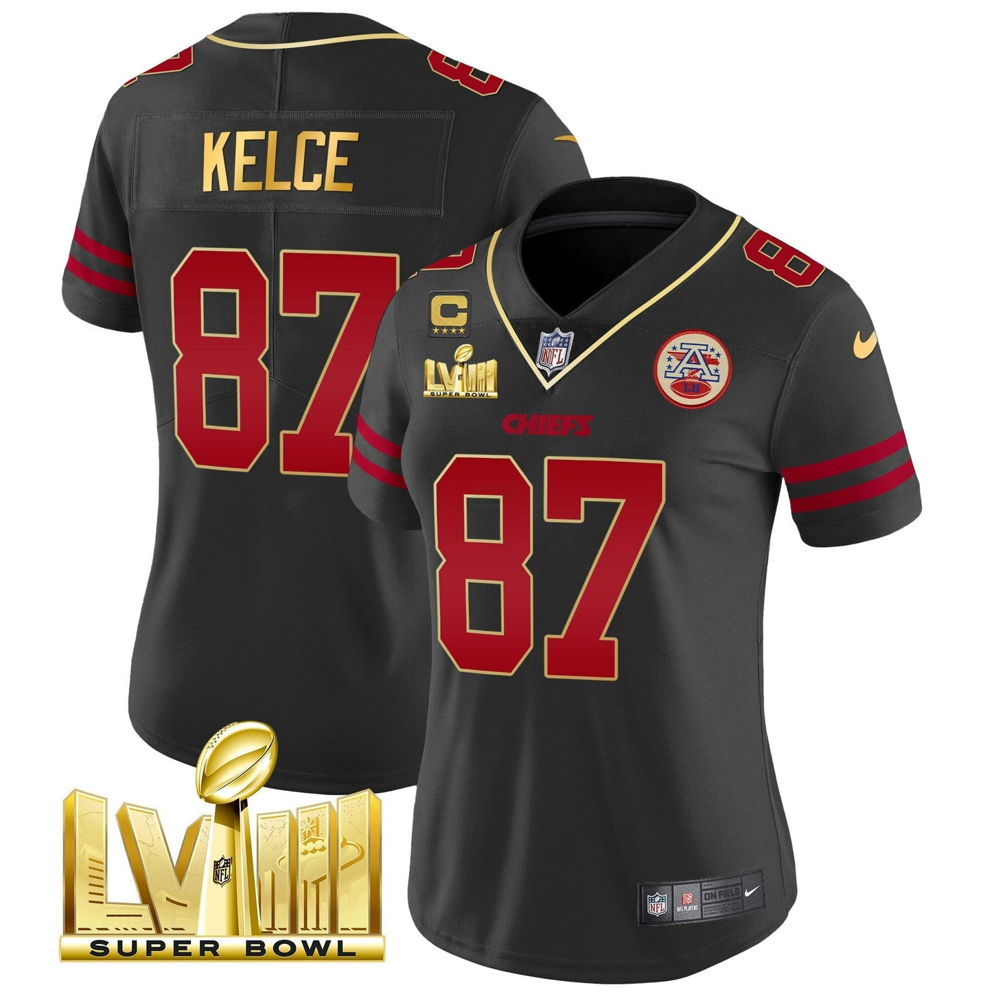 Camisa NFL Kansas City Chiefs Women’s Super Bowl LVIII Dourada Patch Vapor Jersey