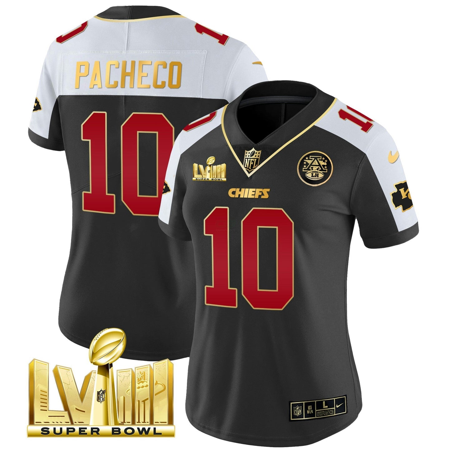 Camisa NFL Kansas City Chiefs Women’s Super Bowl LVIII Dourada Patch Vapor Jersey