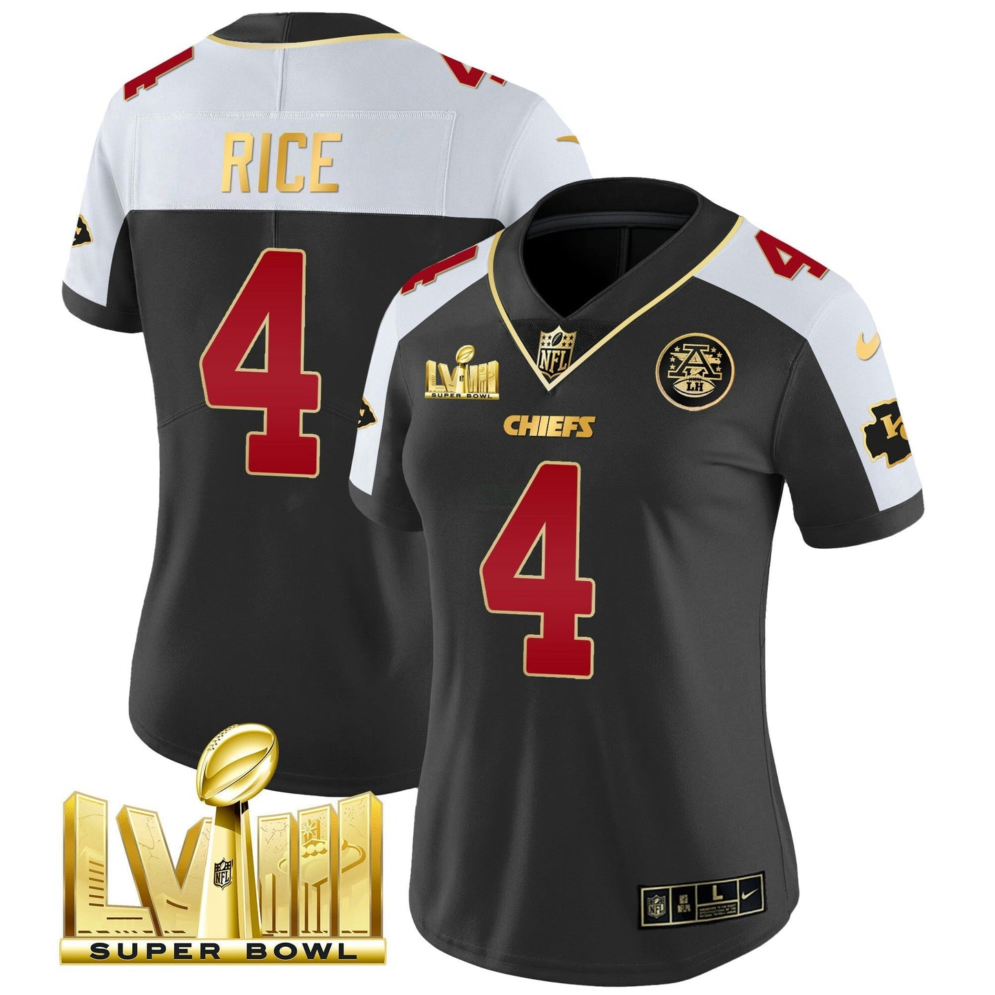 Camisa NFL Kansas City Chiefs Women’s Super Bowl LVIII Dourada Patch Vapor Jersey