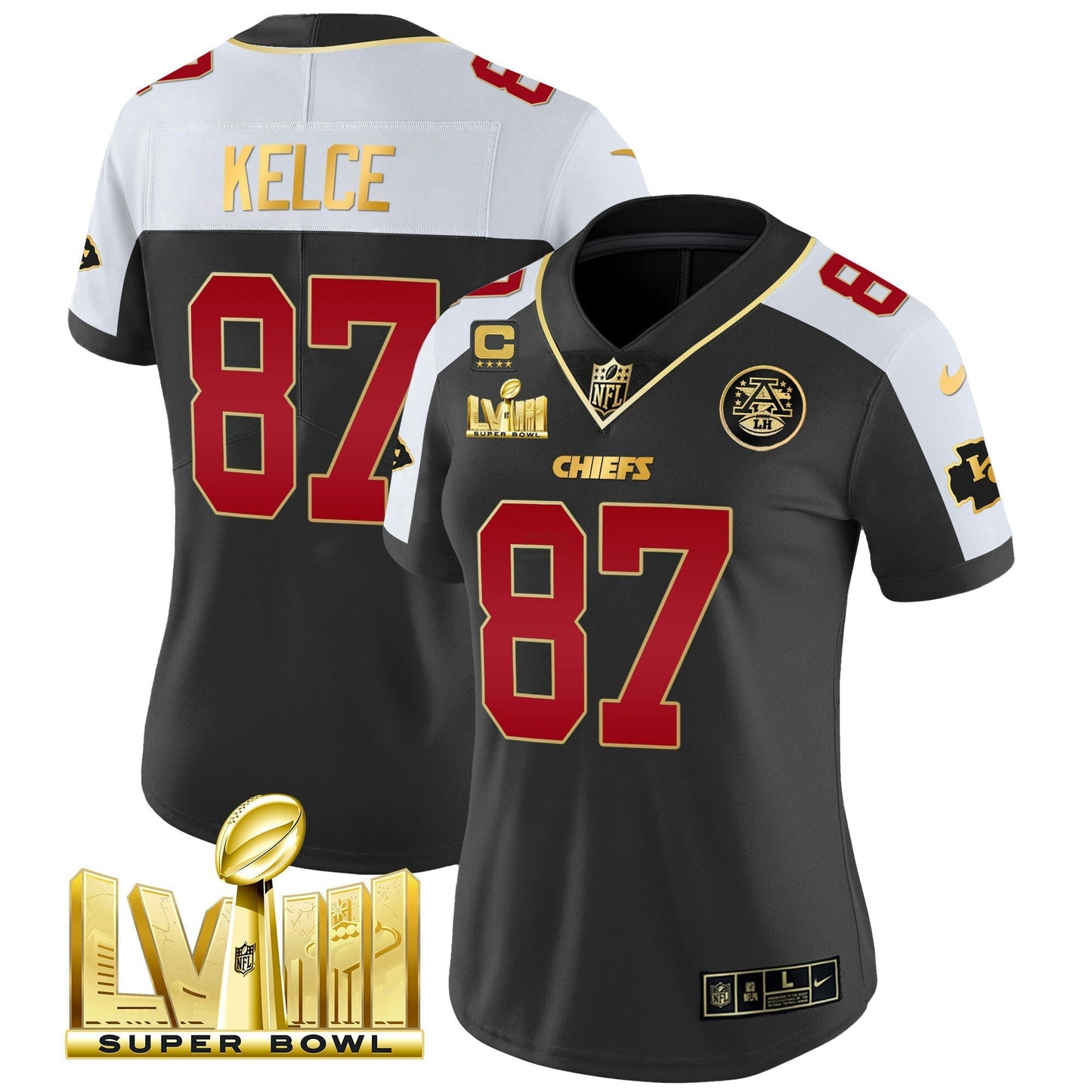 Camisa NFL Kansas City Chiefs Women’s Super Bowl LVIII Dourada Patch Vapor Jersey