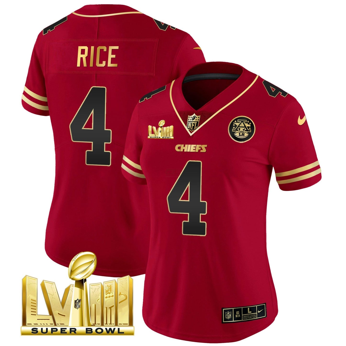 Camisa NFL Kansas City Chiefs Women’s Super Bowl LVIII Dourada Patch Vapor Jersey
