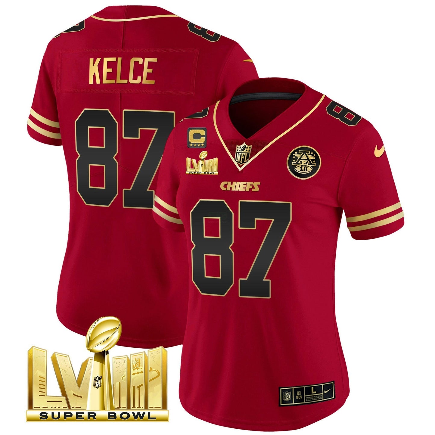 Camisa NFL Kansas City Chiefs Women’s Super Bowl LVIII Dourada Patch Vapor Jersey