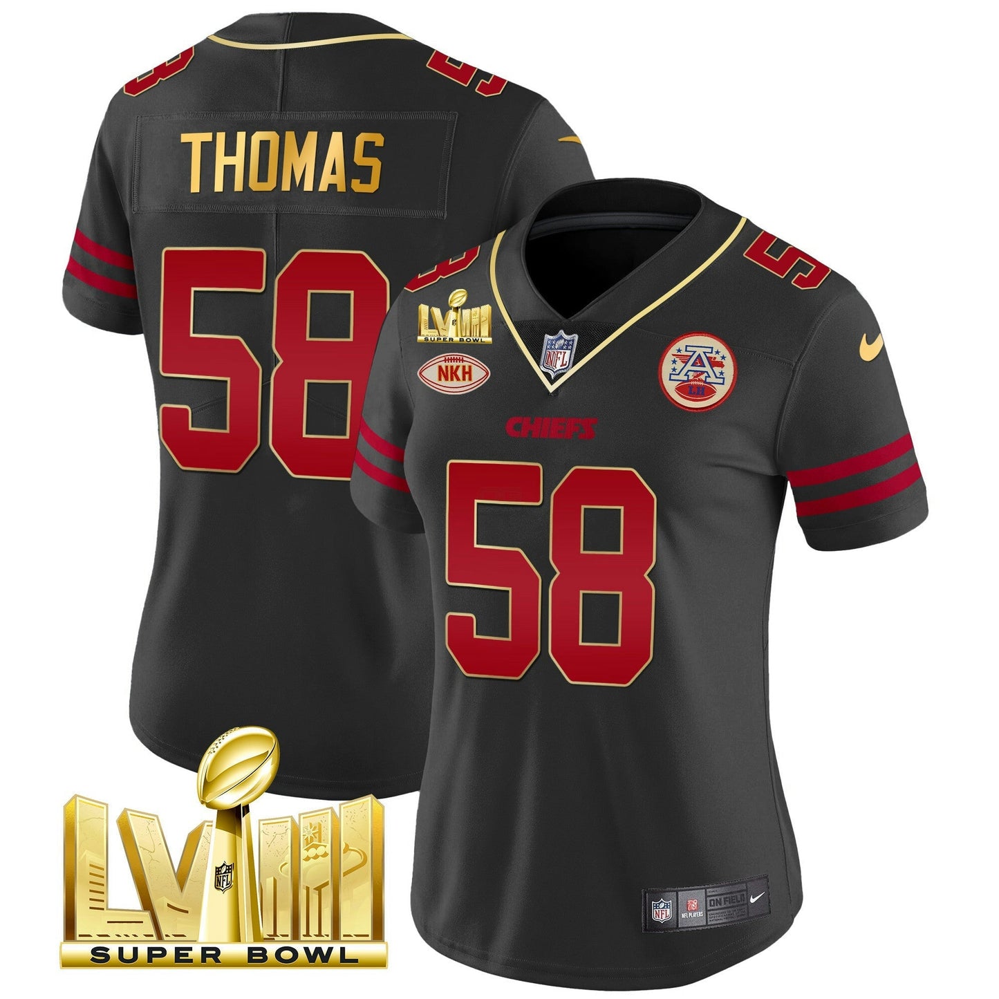 Camisa NFL Kansas City Chiefs Women’s Super Bowl LVIII Dourada Patch Vapor Jersey V2