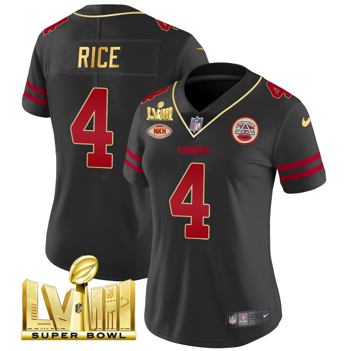Camisa NFL Kansas City Chiefs Women’s Super Bowl LVIII Dourada Patch Vapor Jersey V2