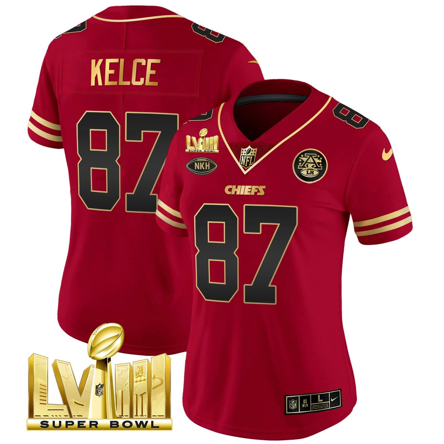 Camisa NFL Kansas City Chiefs Women’s Super Bowl LVIII Dourada Patch Vapor Jersey V2