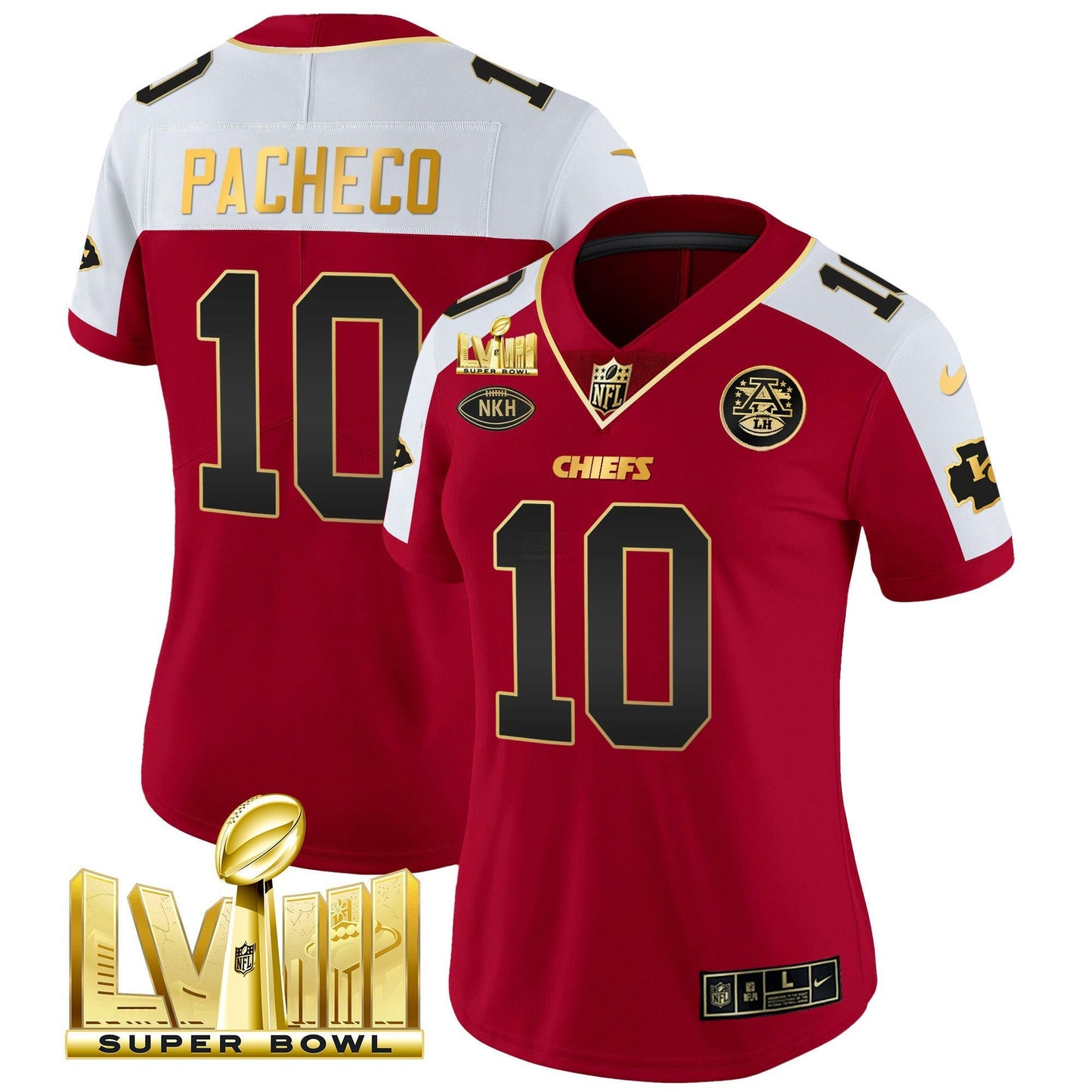 Camisa NFL Kansas City Chiefs Women’s Super Bowl LVIII Dourada Patch Vapor Jersey V2