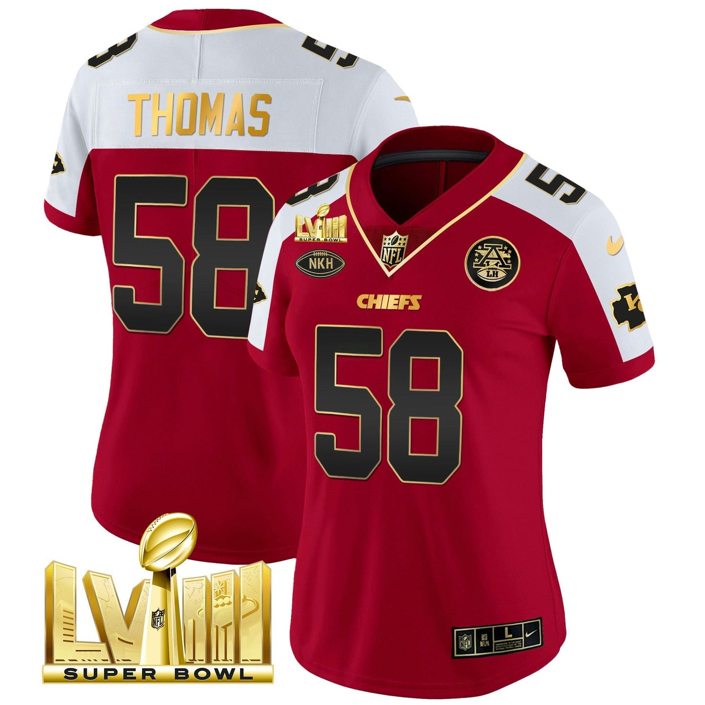 Camisa NFL Kansas City Chiefs Women’s Super Bowl LVIII Dourada Patch Vapor Jersey V2