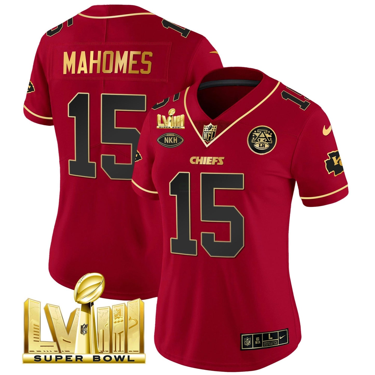Camisa NFL Kansas City Chiefs Women’s Super Bowl LVIII Dourada Patch Vapor Jersey V2