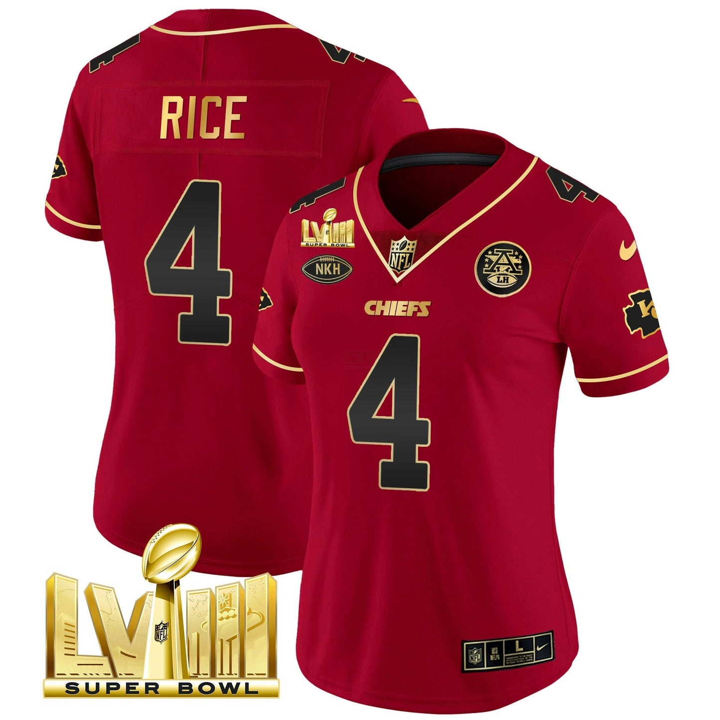 Camisa NFL Kansas City Chiefs Women’s Super Bowl LVIII Dourada Patch Vapor Jersey V2