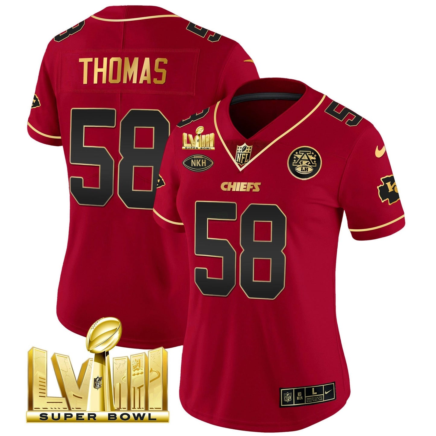 Camisa NFL Kansas City Chiefs Women’s Super Bowl LVIII Dourada Patch Vapor Jersey V2