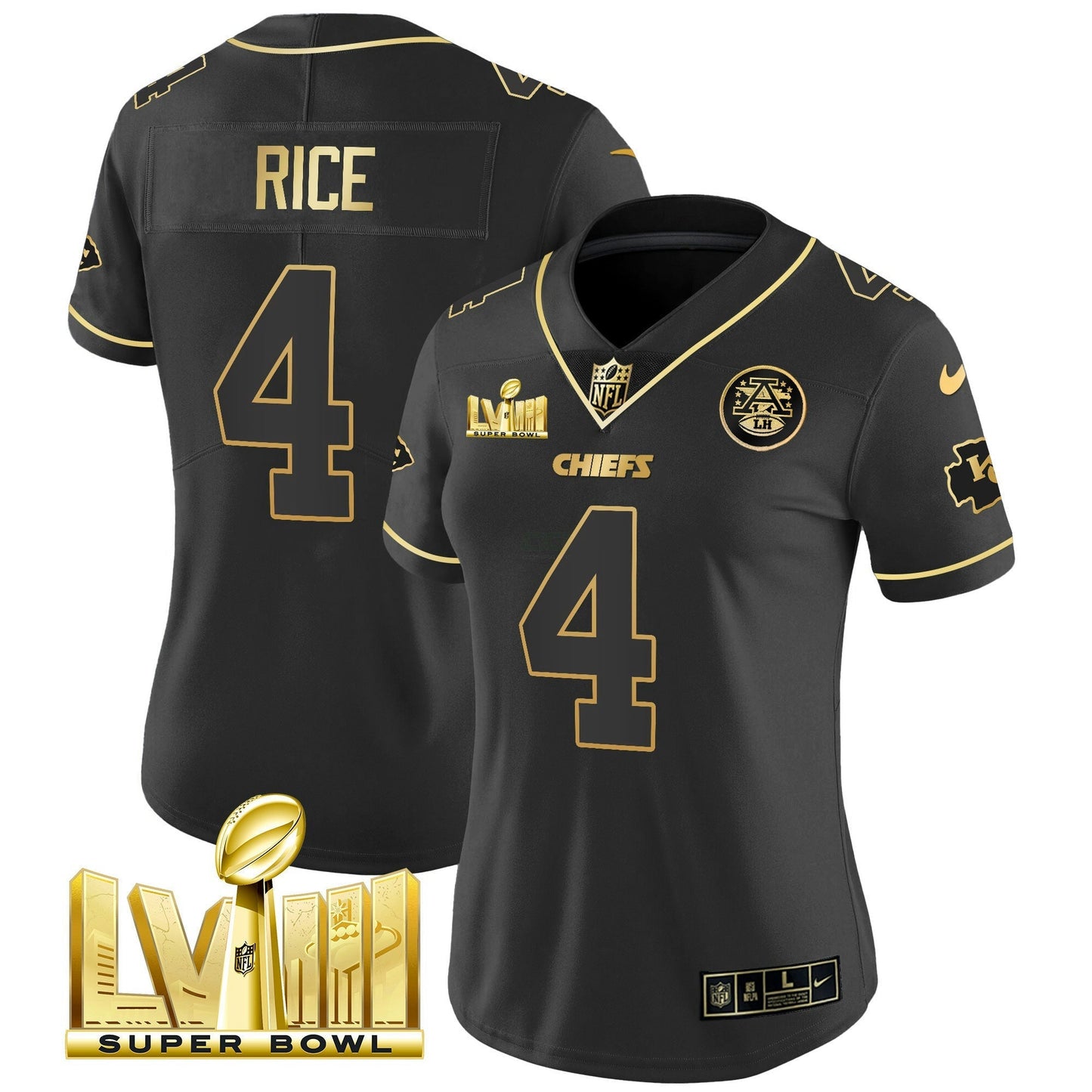 Camisa NFL Women’s Super Bowl LVIII Dourada Patch Vapor Jersey V4