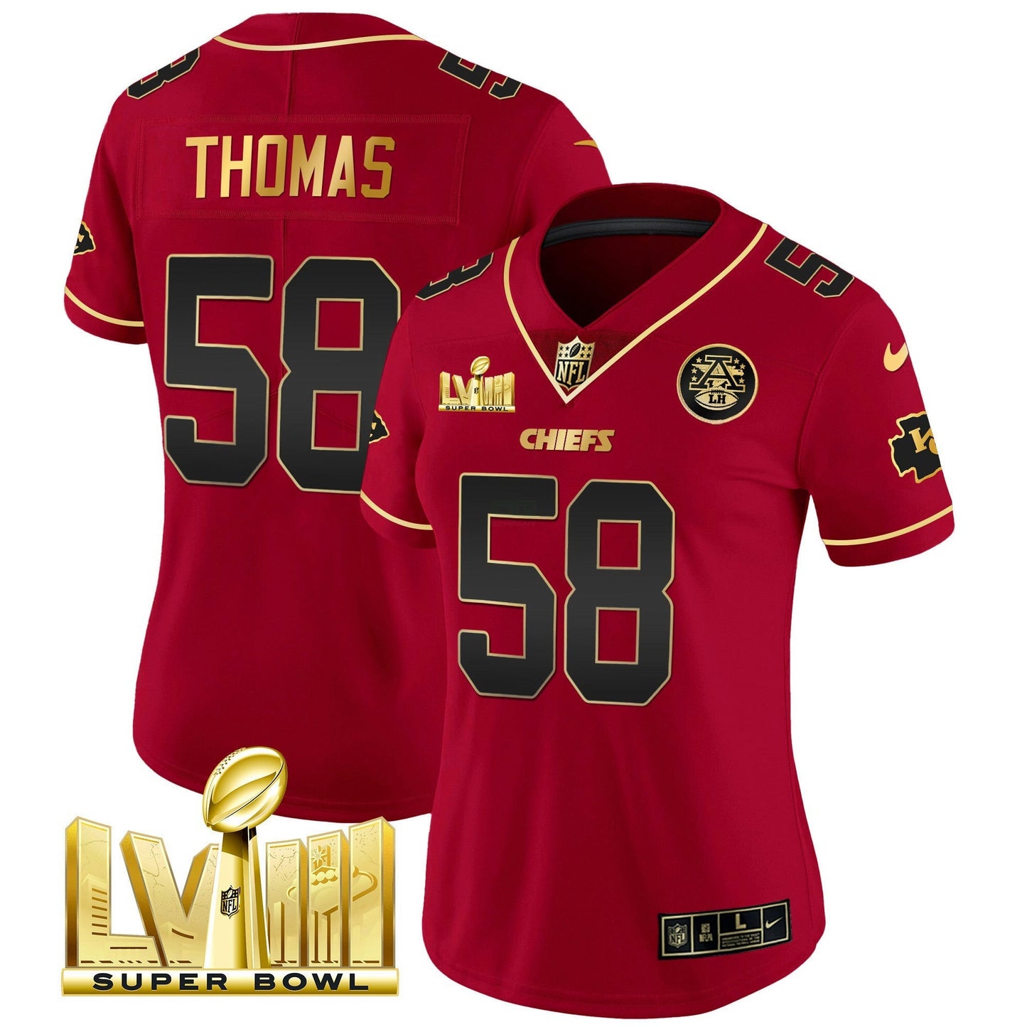 Camisa NFL Kansas City Chiefs Women’s Super Bowl LVIII Dourada Patch Vapor Jersey