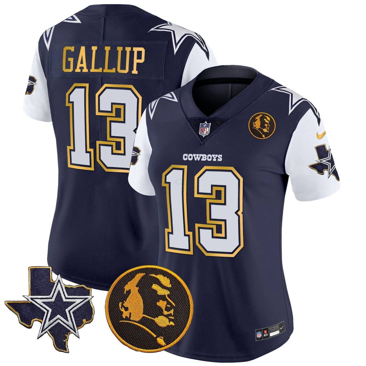Camisa NFL Women’s Texas & John Madden Patch Dourada Trim Vapor Jersey
