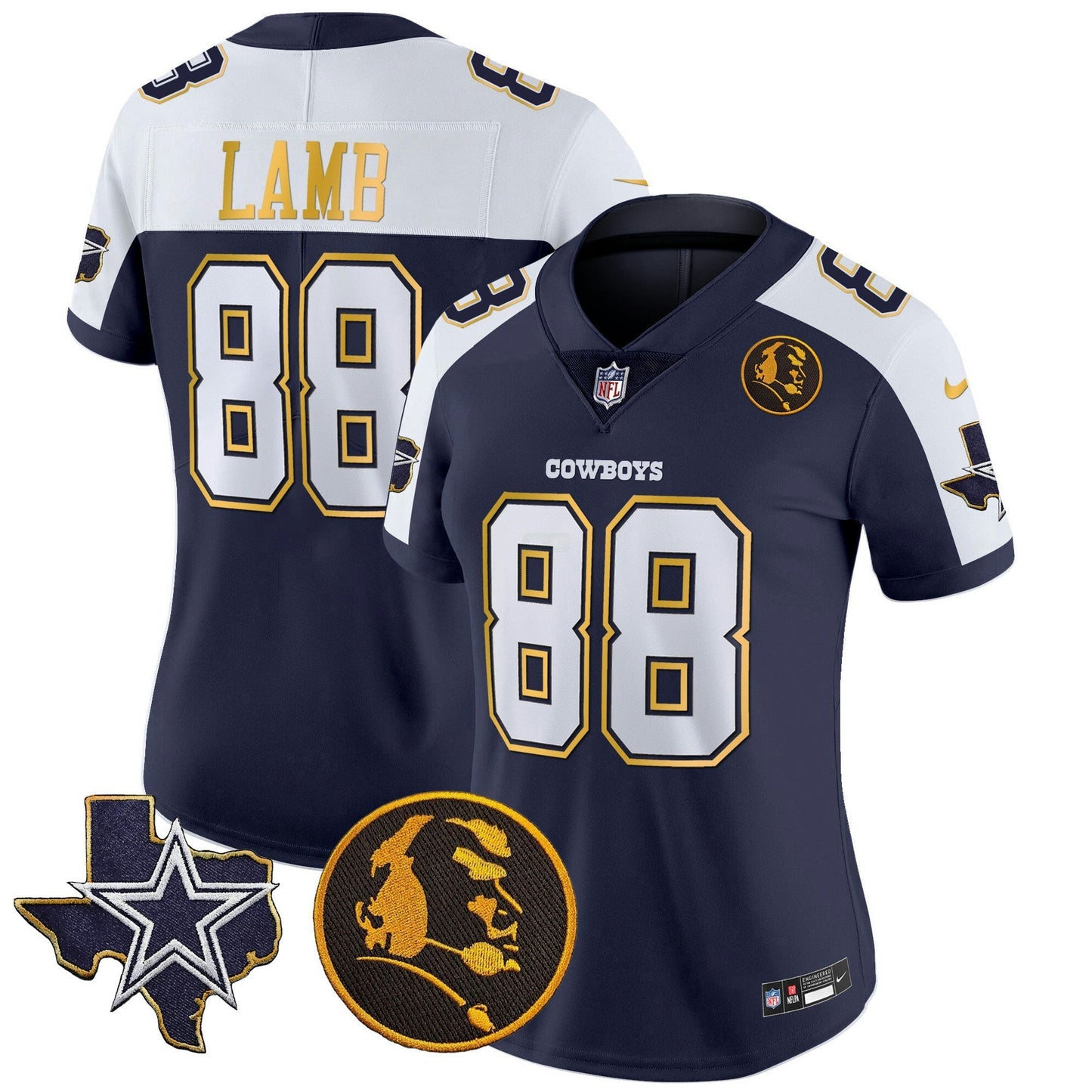 Camisa NFL Women’s Texas & John Madden Patch Dourada Trim Vapor Jersey