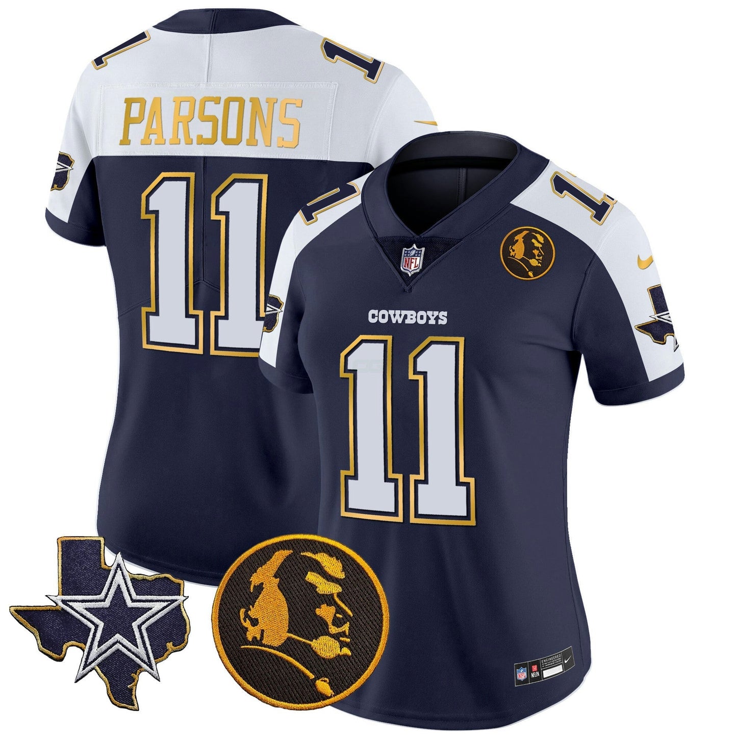 Camisa NFL Women’s Texas & John Madden Patch Dourada Trim Vapor Jersey