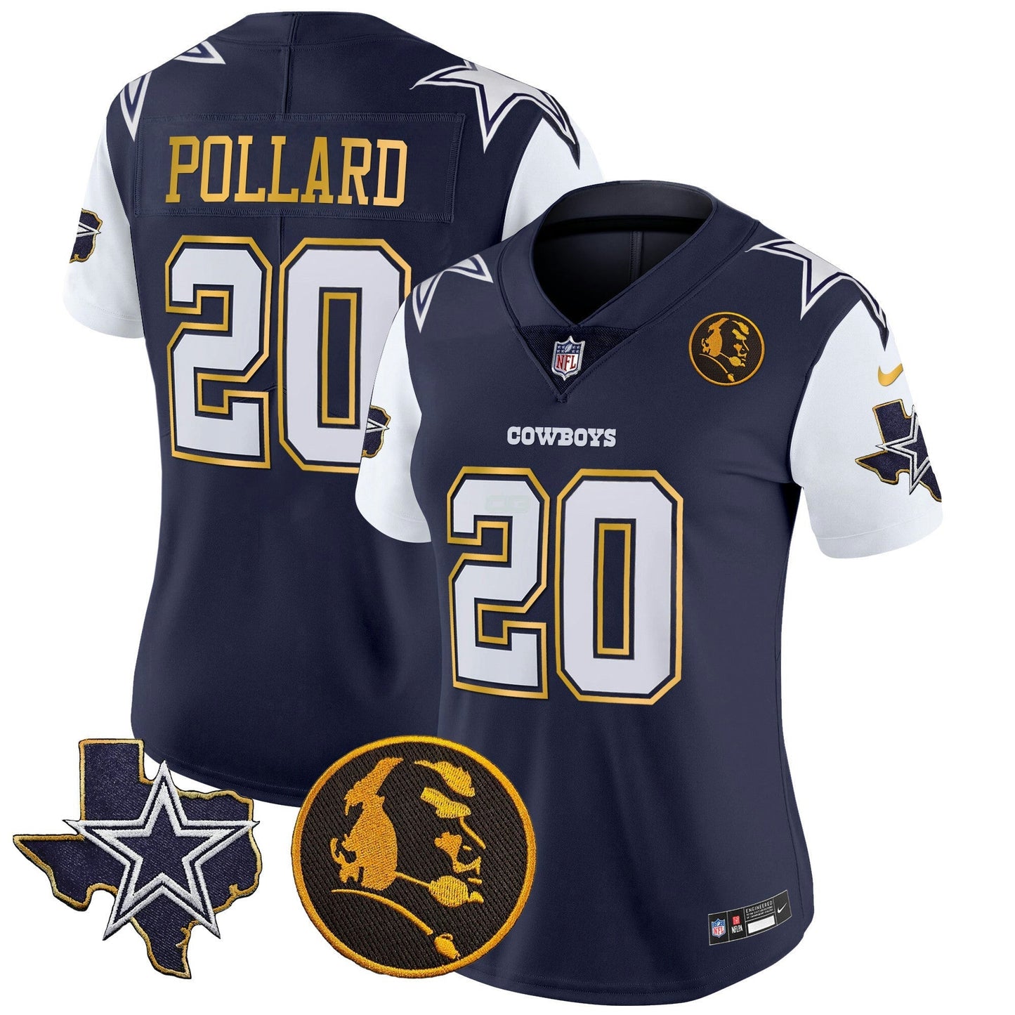 Camisa NFL Women’s Texas & John Madden Patch Dourada Trim Vapor Jersey