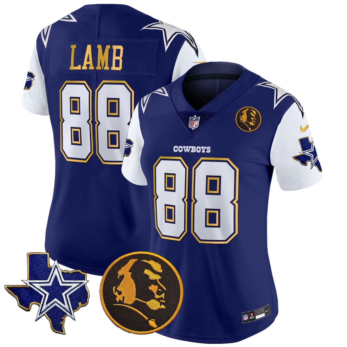 Camisa NFL Women’s Texas & John Madden Patch Dourada Trim Vapor Jersey