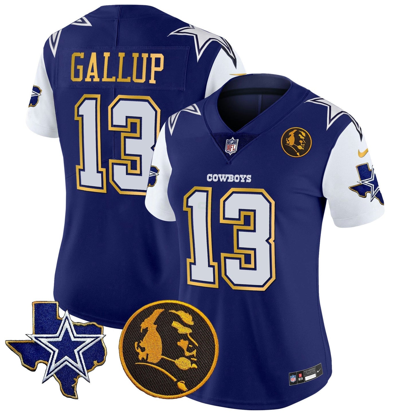 Camisa NFL Women’s Texas & John Madden Patch Dourada Trim Vapor Jersey