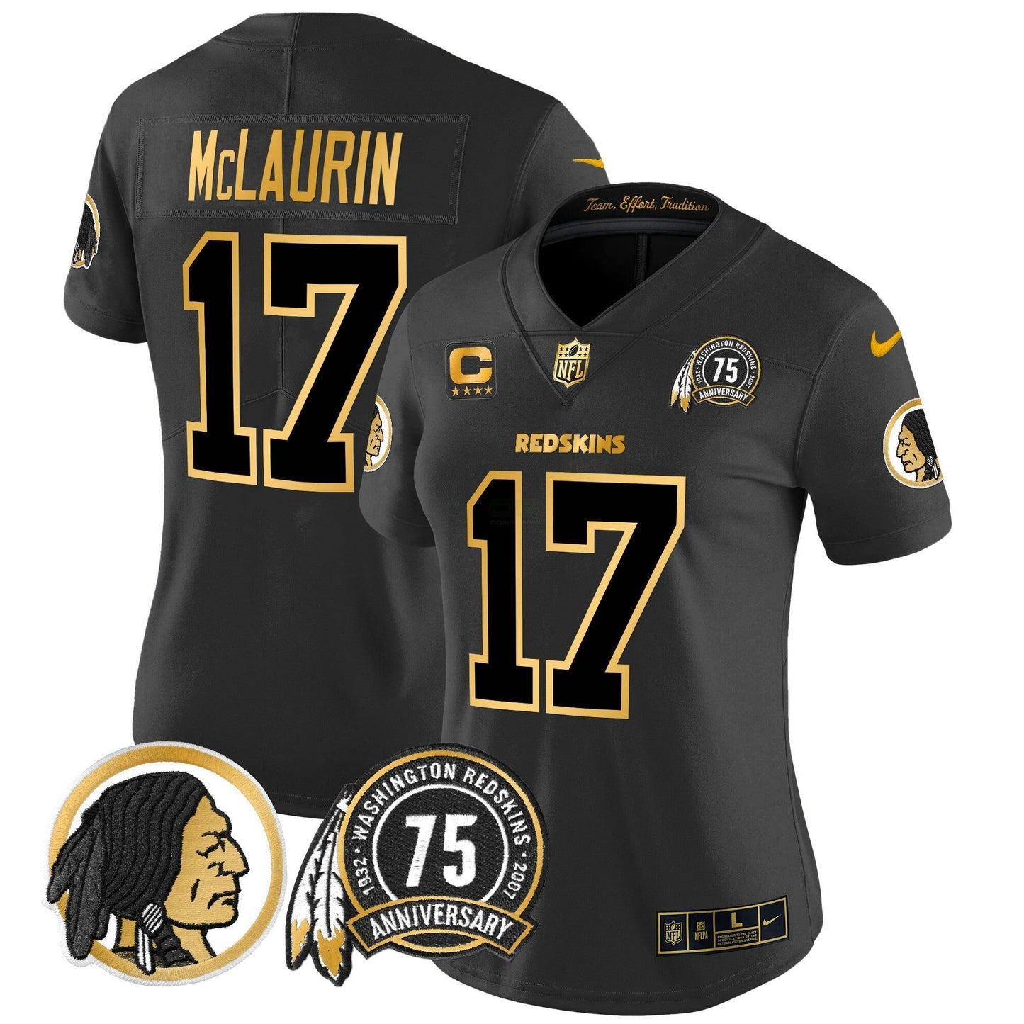 Camisa NFL Washington Commanders Women’s Washington Redskins 75th Patch Throwback Dourada Vapor Limited Jersey