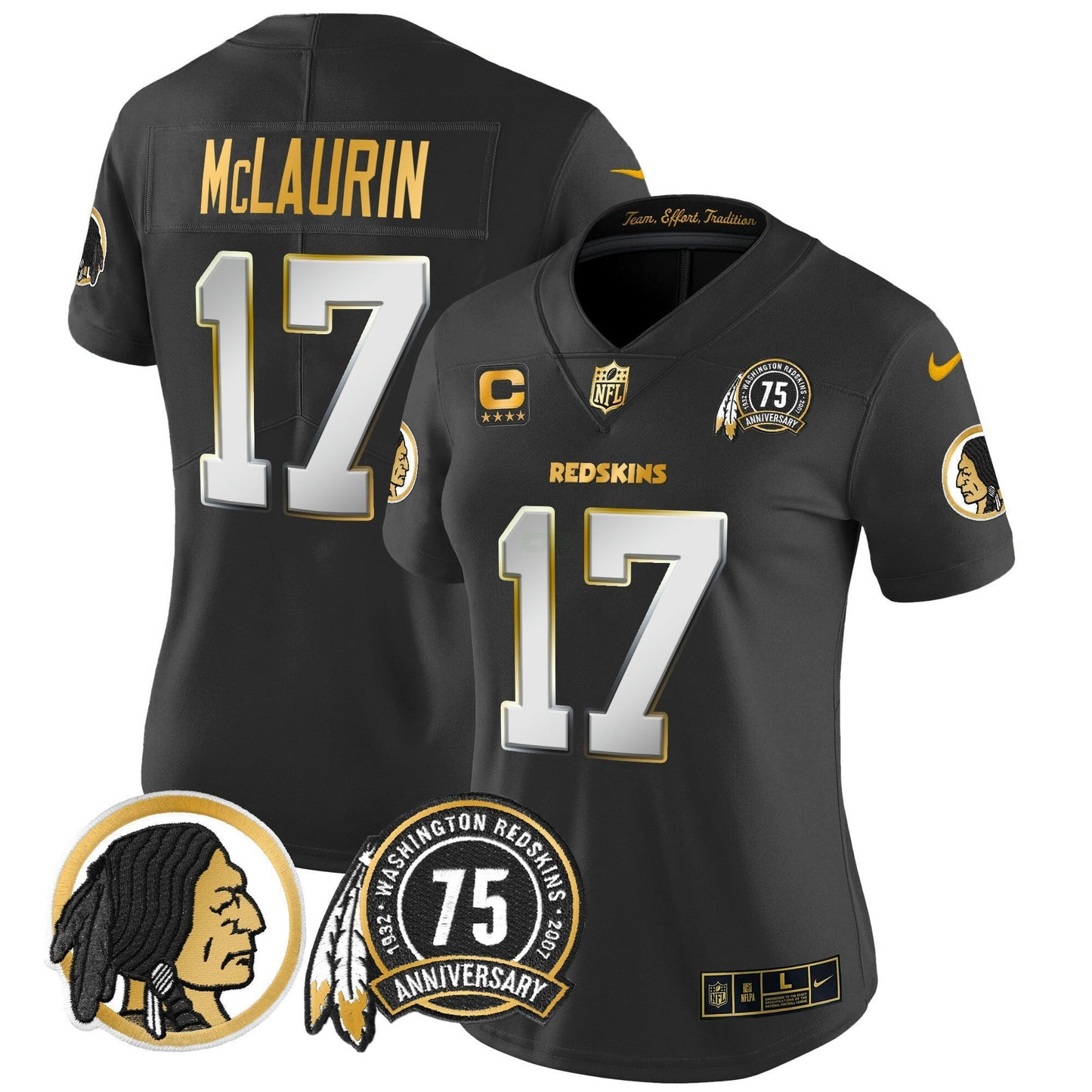 Camisa NFL Washington Commanders Women’s Washington Redskins 75th Patch Throwback Dourada Vapor Limited Jersey