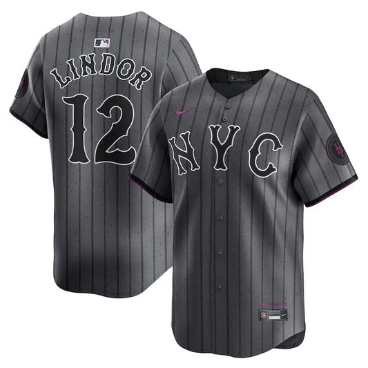 Jersey MLB New York Mets  Graphite Torcedor Masculina Francisco Lindor 12 Grafite