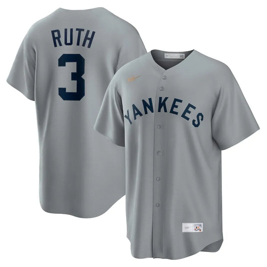 Jersey MLB New York Yankees  Away Cooperstown Collection Torcedor Masculina Cinza Babe Ruth 3