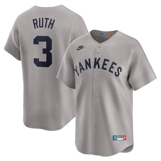 Jersey MLB New York Yankees  Away Throwback Cooperstown Collection Limited Torcedor Masculina Cinza Babe Ruth 3